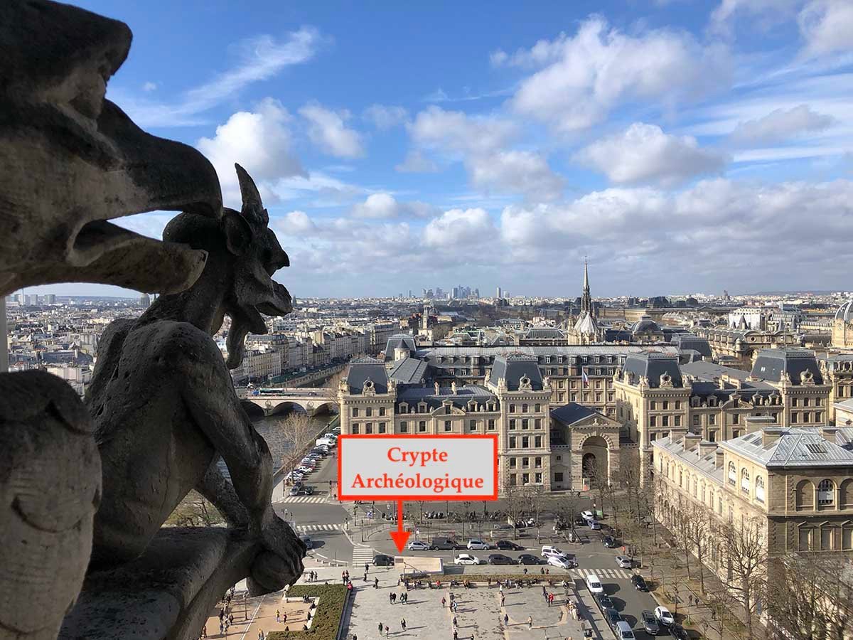 the entrance of the Crypte marked from the tower of Notre Dame Cathedral